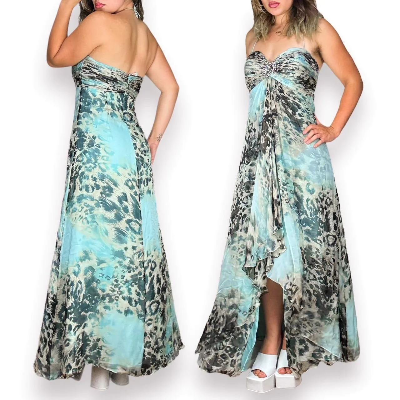 Y2K Seafoam Silk Leopard Gown (L)